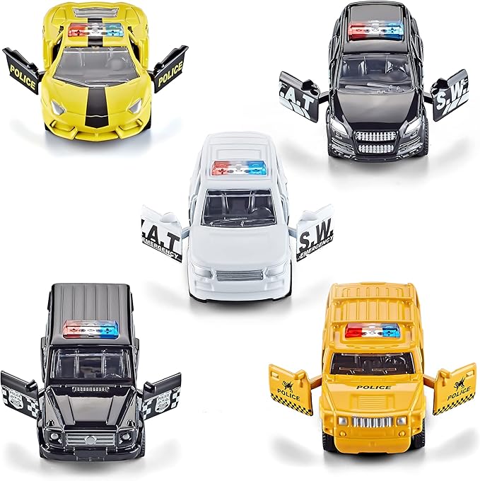 KIDAMI Die Cast Metal Toy Cars Set of 5, Little Openable Doors Pull Back Car Gift Pack for Kids (Police car)