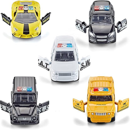 KIDAMI Die Cast Metal Toy Cars Set of 5, Little Openable Doors Pull Back Car Gift Pack for Kids (Police car)