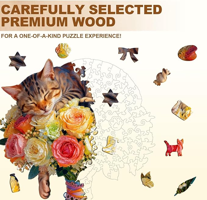 Cat Flower Bouquet Puzzles Adults Gifts Wooden 80 Pieces 8.5 * 7.6in