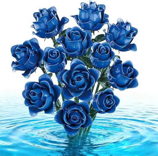 Blue Rose Bouquet Building Set, Compatible with Lego Flowers for Adults - Botanical Collection Gift for Valentines - Artificial Home Retro Decor
