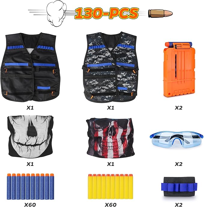 Kids Tactical Vest Kit for Nerf Guns Series with Refill Darts,Dart Pouch, Reload Clips, Tactical Mask, Wrist Band and Protective Glasses,Nerf Vest Toys for 4 5 6 7 8 9 10 11 12 Year Boys(2 Pack)