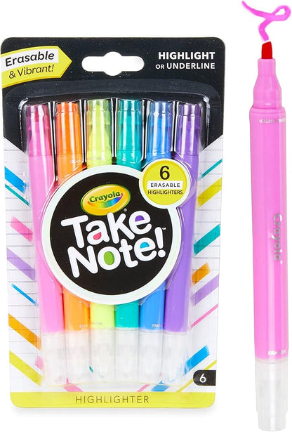 Crayola Take Note Erasable Highlighters (6ct), Assorted No Bleed Highlighters, Chisel Tip Marker Set, For Organizing & Coloring, Gifts
