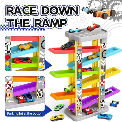 aotipol Montessori Toys for 2 3 Year Old Boy Girl, Car Ramp Toy Includes 12 Cars & 4 Spinning Tops, Race Car Track Toddler Toys for Age 2-4, Baby Boy Girl Kid Birthday Gift for 18+ Month, Hollow Track