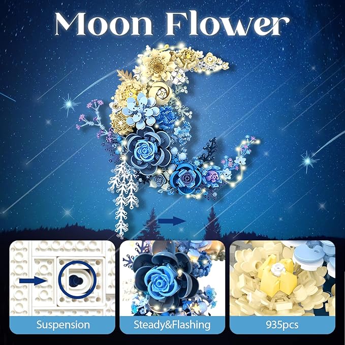 Moon Flower Building Toy Set (Glowing Version), DIY Roses for Home Decor & Display, Gifts & Craft for Valentines Day, Fun Arts and Crafts Idea for Girl,Teen, Female (934Pcs)