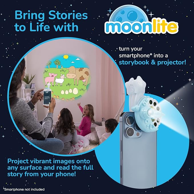 Moonlite Storytime Mini Projector with 4 Fairy Tale Stories, A Magical Way to Read Together, Digital Storybooks, Fun Sound Effects, Learning Gifts for Kids Ages 1 and Up