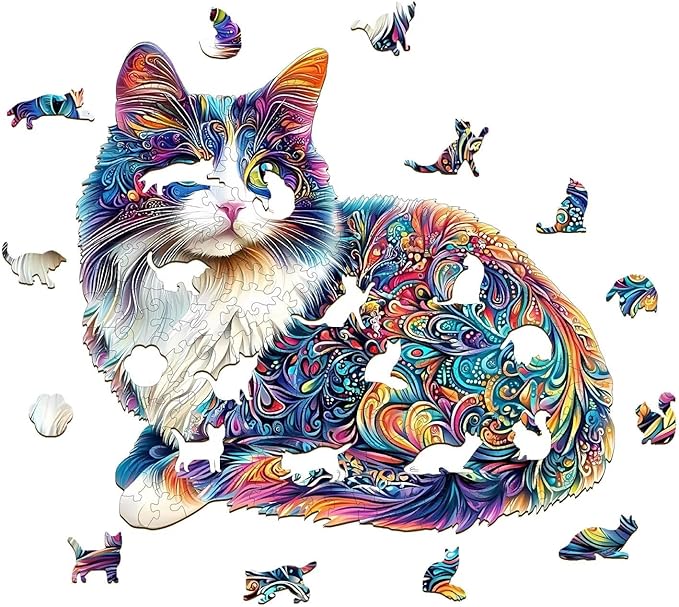 Lazy Cute Cat Wooden Puzzles, Unique Animal Shape Wood Puzzle, Jigsaw Puzzles for Adults Christmas Thanksgiving Gifts for Cat Lovers Friends Family, 95 Pieces 8.5x7.7in
