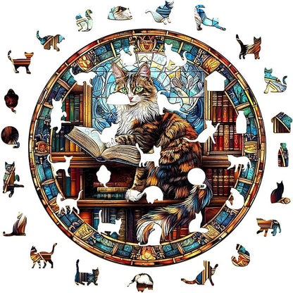 Wooden Puzzles Adults, Maine Cat Library Wooden Puzzles 100 Pieces, Unique Animal Shaped Wood Challenging Jigsaw Puzzles Gifts for Adults, 8.5x8.5in