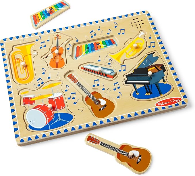 Melissa & Doug Musical Instruments Sound Puzzle - Wooden Peg Puzzle with Light-Activated Sound Effects (8 pcs) Wooden Peg Baby Music Learning Toys, for Toddlers and Preschoolers Ages 2+