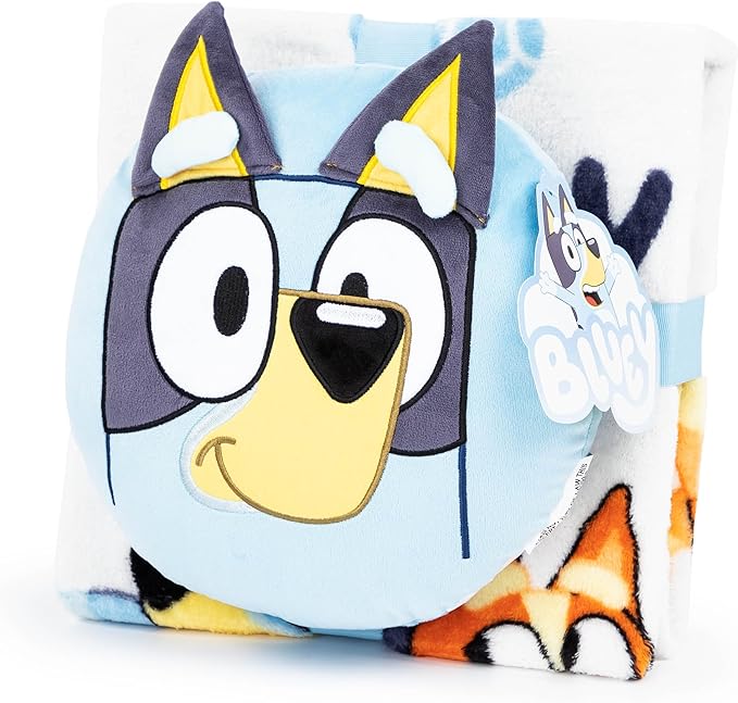 Jay Franco Bluey & Bingo Nogginz Set - 40 x 50 Inch Lightweight Travel Throw Blanket & Pillow - Kids Super Soft 2 Piece Bedding Set