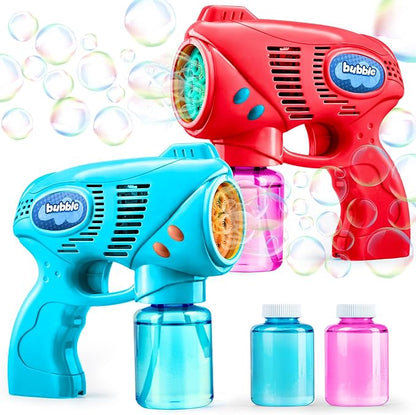 JOYIN 2 Bubble Guns with 2 Refill Solution (10 oz Total), Bubbles Maker, Blower, Machine Gun Blaster for Kids, Toddlers, Outdoors Activity, Party, Birthday Gift, Easter Toys (Blue+Red)
