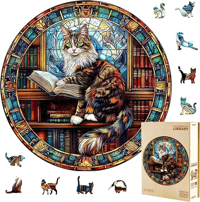Wooden Puzzles Adults, Maine Cat Library Wooden Puzzles 100 Pieces, Unique Animal Shaped Wood Challenging Jigsaw Puzzles Gifts for Adults, 8.5x8.5in