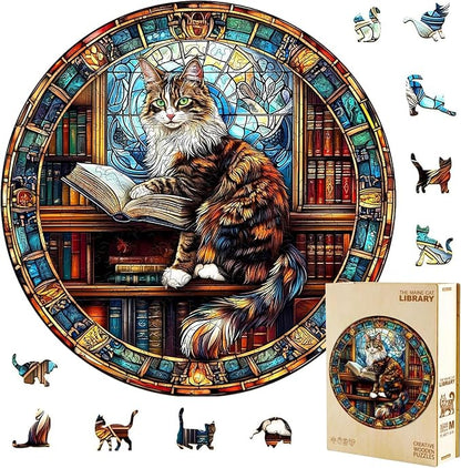 Wooden Puzzles Adults, Maine Cat Library Wooden Puzzles 100 Pieces, Unique Animal Shaped Wood Challenging Jigsaw Puzzles Gifts for Adults, 8.5x8.5in