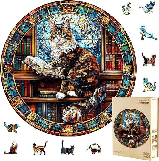 Wooden Puzzles Adults, Maine Cat Library Wooden Puzzles 100 Pieces, Unique Animal Shaped Wood Challenging Jigsaw Puzzles Gifts for Adults, 8.5x8.5in