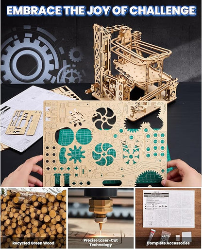 3D Wooden Puzzles for Adults: 371pcs Wood Mechanical Marble Run Model Kits with Roller Coaster Building Set for Adults - 3D Brian Teaser Desk Toys Wooden Puzzles for Men Women Hobbies Gifts