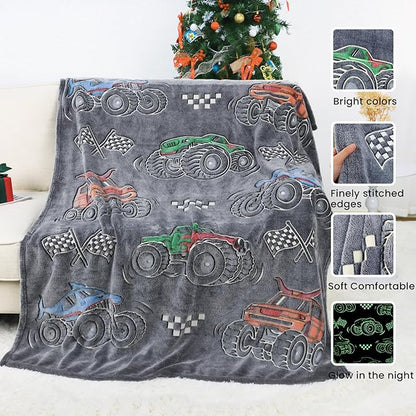 Truck Gifts for Kids Boys - Glow in The Dark Blanket for Sofa Couch Bed Birthday Christmas Easter