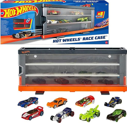 Hot Wheels Toy Cars, Set of 8 1:64 Scale Vehicles & Interactive Display & Storage Case That Holds up to 12, Connects to Track