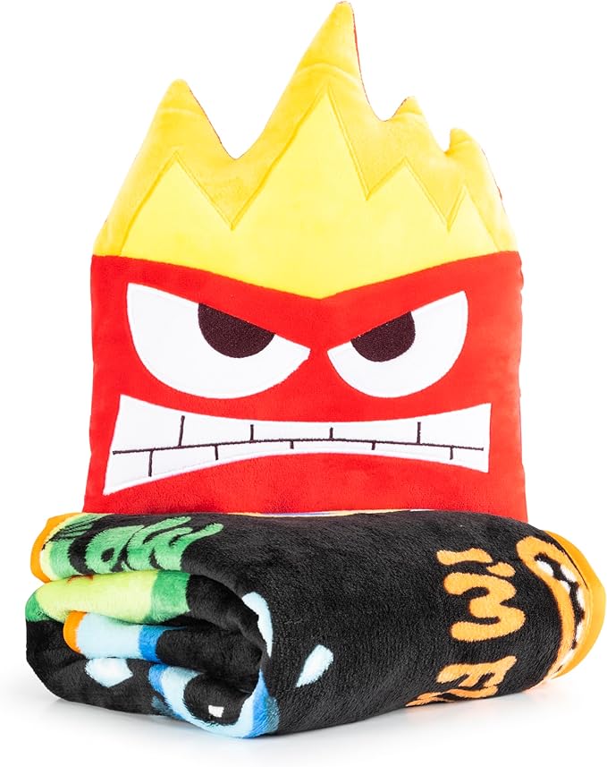 Jay Franco Disney Pixar Inside Out Anger Nogginz Set - 40 x 50 Inch Lightweight Travel Throw Blanket & Pillow - Kids Super Soft 2 Piece Bedding Set