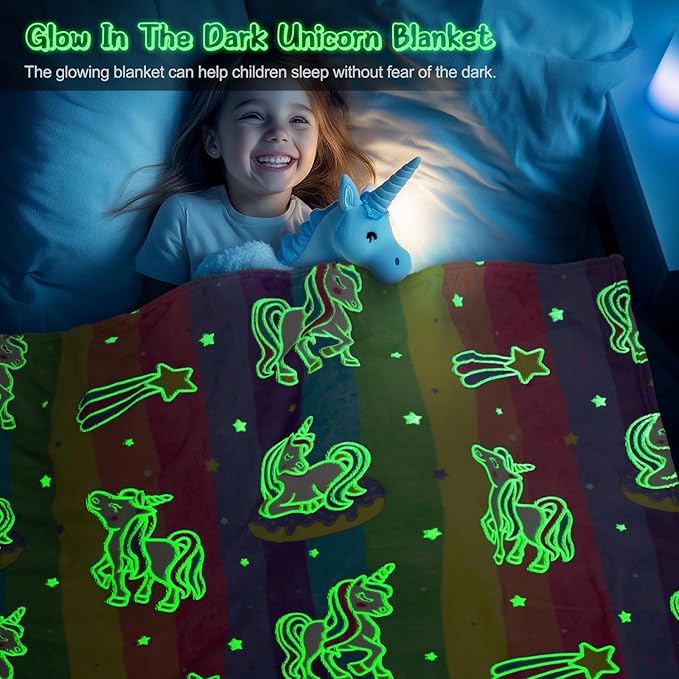 Unicorn Gifts Toys for Girls Kids - Glow in The Dark Rainbow Blanket Best Christmas Birthday Valentines Easter Decor Present for Age 1-14 Years Old Teens Child Toddler Daughter Soft Cozy Throw 50"x60"