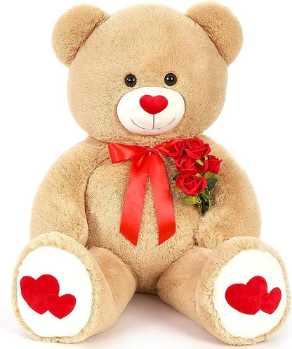 Tezituor Giant Teddy Bear Stuffed Animal 4ft - Big Teddy Bear with Love Red Heart - Brown Large Stuffed Bear Plush Toys for Kid Christmas Birthday - Bear Gift for Girlfriend