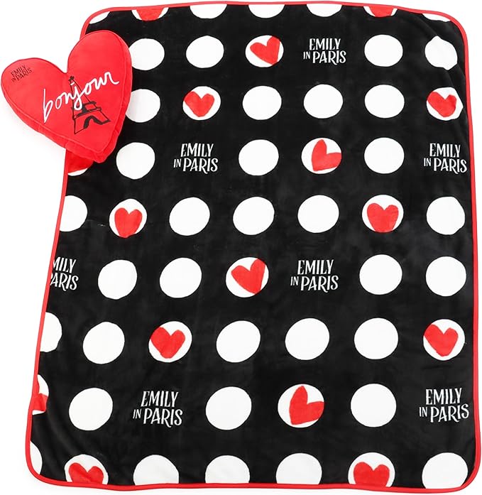 Jay Franco Emily in Paris Throw Blanket and Pillow Set - 40 x 50 Inch Lightweight Travel Throw & Heart Pillow, Super Soft 2 Piece Bedding Set
