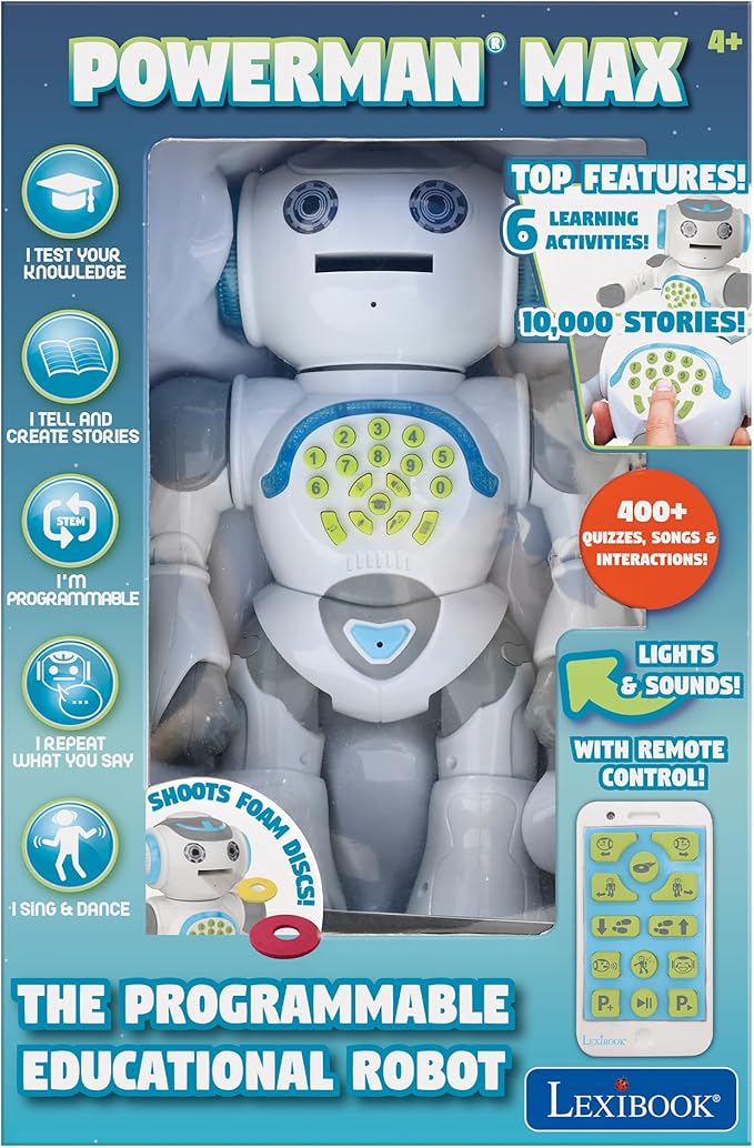 LEXiBOOK Powerman Max - Remote Control Walking Talking Toy Robot STEM Programmable Dances Sings Telling 10,000 Stories 300+ Learning Quiz Shooting Discs and Voice Repeat for Kids 4+ - ROB80EN, White