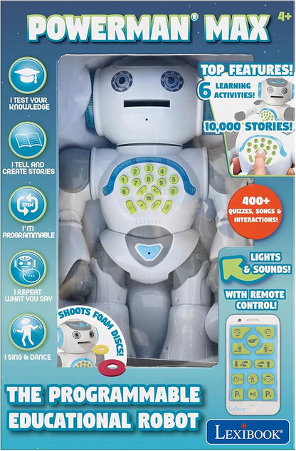 LEXiBOOK Powerman Max - Remote Control Walking Talking Toy Robot STEM Programmable Dances Sings Telling 10,000 Stories 300+ Learning Quiz Shooting Discs and Voice Repeat for Kids 4+ - ROB80EN, White