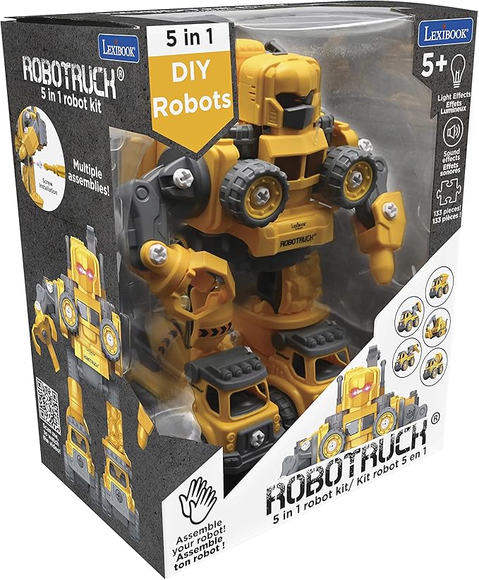 LEXiBOOK Robotruck®, 5 in 1 Build-Your-own Robot kit, transformable Construction Vehicles 5 in 1, DIY, Construction, Building, Truck, Educational Kids' Toy, Yellow, ROBD10