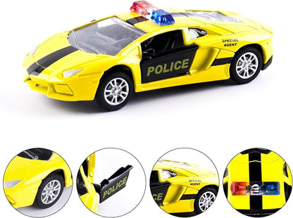 KIDAMI Die Cast Metal Toy Cars Set of 5, Little Openable Doors Pull Back Car Gift Pack for Kids (Police car)