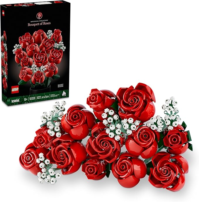 LEGO Botanicals Bouquet of Roses Artificial Flowers - Fake Red Roses Building Set for Adults, Ages 18+ - Gifts for Valentines Day for Her - Home Decor for Table Display - 10328