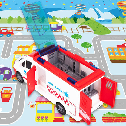 ArtCreativity Ambulance Toy Truck for Kids, Lights & Siren, Friction-Powered 1/16 Scale Rescue Toy Ambulance, Emergency Vehicle Ambulance Toys for Kids 3-8 with Removable Stretcher, Doors Open