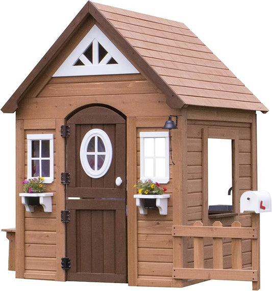 Backyard Discovery Aspen Cedar Wooden Kids Playhouse Cottage with Play Kitchen, Snack Bar, Picnic Bench, Dinner Bell, Mailbox, Dutch Door, Flowerpot Holders, Toy Lights, Country Style for Outdoor Play