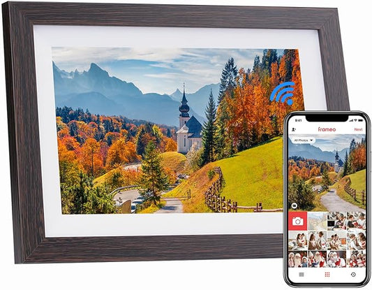 32GB Frameo Digital Picture Frame, 10.1 Inch WiFi Digital Photo Frame, 1280x800 IPS Touch Screen, Send Photos/Videos via Free App from Anywhere(Brown)