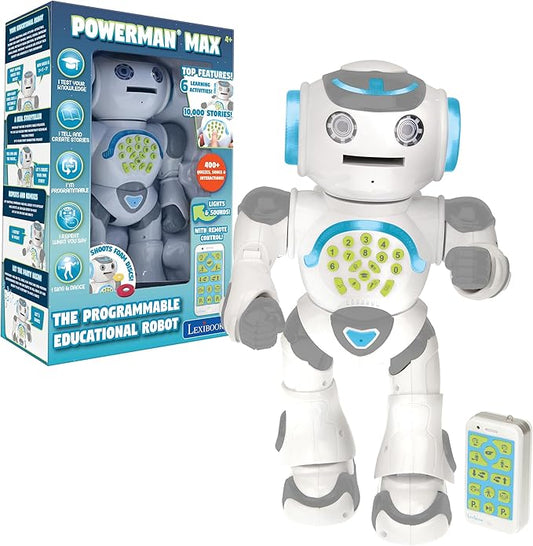 LEXiBOOK Powerman Max - Remote Control Walking Talking Toy Robot STEM Programmable Dances Sings Telling 10,000 Stories 300+ Learning Quiz Shooting Discs and Voice Repeat for Kids 4+ - ROB80EN, White