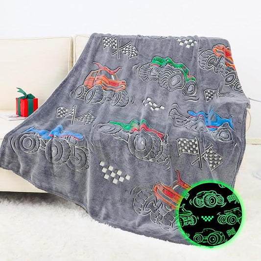 Truck Gifts for Kids Boys - Glow in The Dark Blanket for Sofa Couch Bed Birthday Christmas Easter
