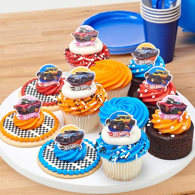 Hot Wheels™ Rings | 24 Epic Stunt Cupcake Toppers | DecoPac Hot Wheels Cars Cake Decorations, Multi-colored, Food Safe & Ready To Use - 24 Pack
