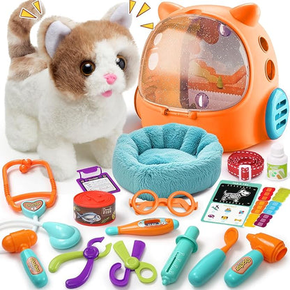17PCS Cat Doctor Kit for Toddlers 3-5, Veterinarian Playset for Kids with Interactive Walk Meow Cat & Backpack Carrier & Nest & Medical Tool, Pet Vet Kit Pretend Play Toy Gift for Boy Girl 3-6