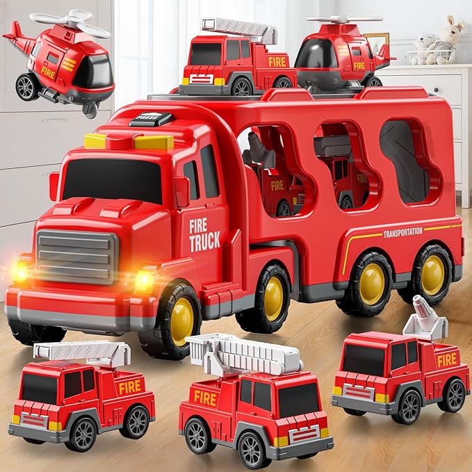 Truck Toys for 3 4 5 6 Years Old Boys, Toddler Car Toys for Toddler Boys Ages 3-5, Fire Toys Car Carrier Vehicle Toy Set, Kids Toys Truck Set for Age 3-9