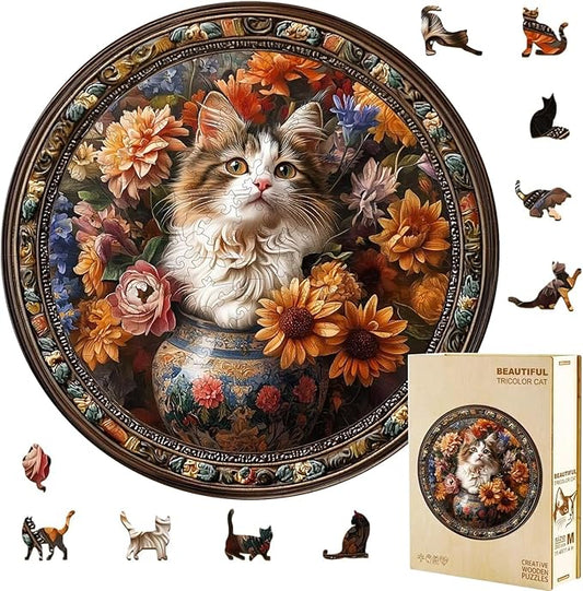 Wooden Puzzles Adults, Beautiful Tricolor Cat Wooden Puzzles 300 Pieces, Unique Animal Shaped Wood Challenging Jigsaw Puzzles Gifts for Adults, 13.4x13.4in