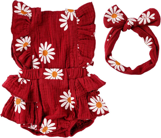 BABESIDE 2 Pcs Reborn Baby Doll Clothes with Headband for 17-22 Inch Dolls, Floral Patterns Reborn Baby Doll Accessories Set for Newborn Babydolls, Wine Red