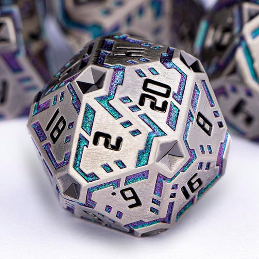 Metal DND Sci-fi Dice Set 7PCS Stripe Polyhedral Dice for Dungeons Dragons RPG Role Playing Game, Glitter D and D Dice with Gift Box D6 D8 D10 D12 D20 (Grey&Purple Green)