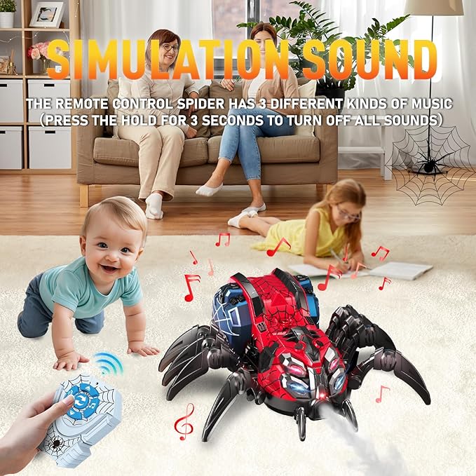 Remote Control Spider, Robot Spider Toy with 2.4 GHz Remote Controller, RC Spider Robot with Spray/Lights/Music, Realistic Spider Gift for Kids Boys, Halloween, Christmas, Holiday Toys for Party Prank