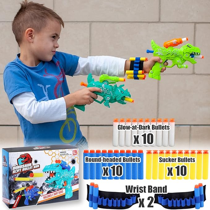 Dinosaur Toy Guns for Toddlers 3 4 5 6 7 8 Years Old, Idea Gift for Boys Birthday Valentines Easter Christmas Stocking Stuffers, Dino Blaster for Kids with 30 Foam Darts Compatible with Nerf, 2 Pack