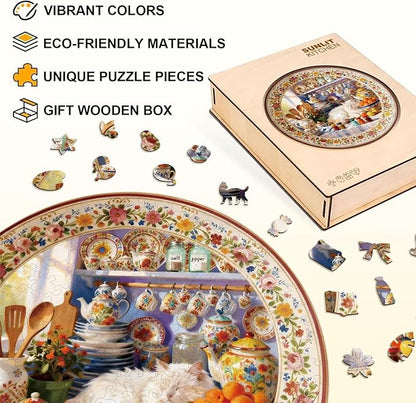 Sunlit Cat Kitchen Puzzles Adults Gifts Wooden 280 Pieces 13.4 * 13.4in