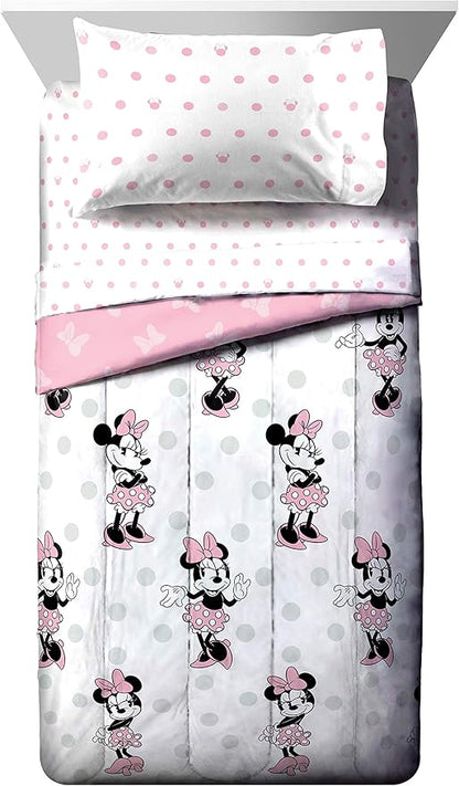 Jay Franco Disney Minnie Mouse Dots 4 Piece Twin Bed Set - Includes Reversible Comforter & Sheet Set Bedding - Super Soft Fade Resistant Microfiber (Official Disney Product)