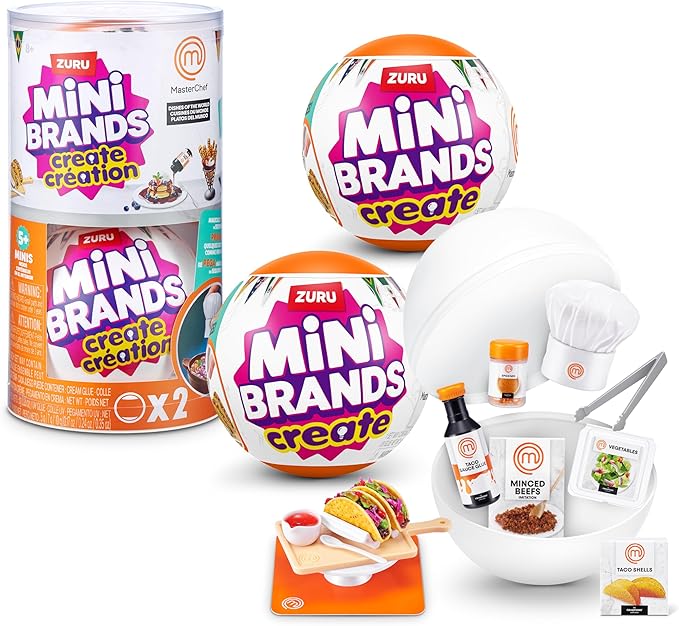 Mini Brands Create MasterChef Series 2 by ZURU (2 Pack) – Real Mini Dishes with Ingredients, UV LED Tool & Recipe Card | DIY Toy Capsule Non-Edible Collectible for Kids, Teens, and Adults.