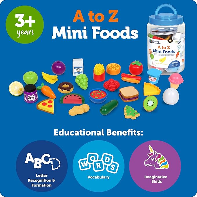Learning Resources A to Z Mini Foods, Pretend Play Kitchen Accessories for Kids, Toddler Montessori, Fine Motor Skills, Gifts for Kids