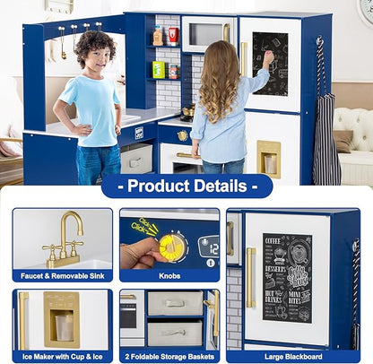 Corner Play Kitchen for Kids, Wooden Toddler Kitchen Playset w/Faucet, Sink, Microwave, Oven, Apron, Blackboard, Cabinets, Pretend Cooking Toys w/Sound & Light Gift for Ages 3+ (Blue)