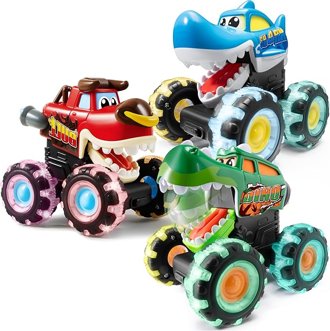 JOYIN 3 Pack Monster Truck Toy - Motion Activated Light-Up Cars for Toddlers - Monster Treads Lightning Wheels - Baby Toy Trucks - Press & Go Cars for Kids Boys Birthday Gifts for Christmas