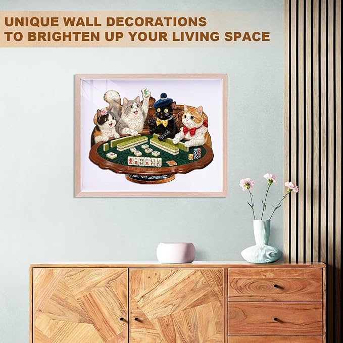Cats Mahjong Puzzles Adults Gifts Wooden 145 Pieces, Jigsaw Puzzles for Adults Unique Animal Shape Wood Puzzle Birthday for Puzzle Lovers, 11.4 * 8.8in