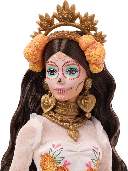 Barbie Signature Doll, Día De Muertos 2025 Collectible in Ruffled Cream Gown Trimmed with Marigolds and Ribbon, Flower Crown and Calavera Face Paint